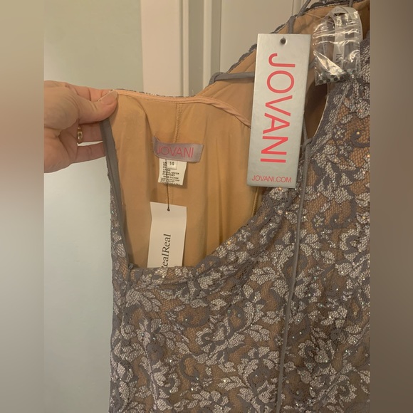 NWT Jovani Gray Lace & Sequin Sz 14 Floor-length Spaghetti-Strap Evening Gown - Picture 4 of 8